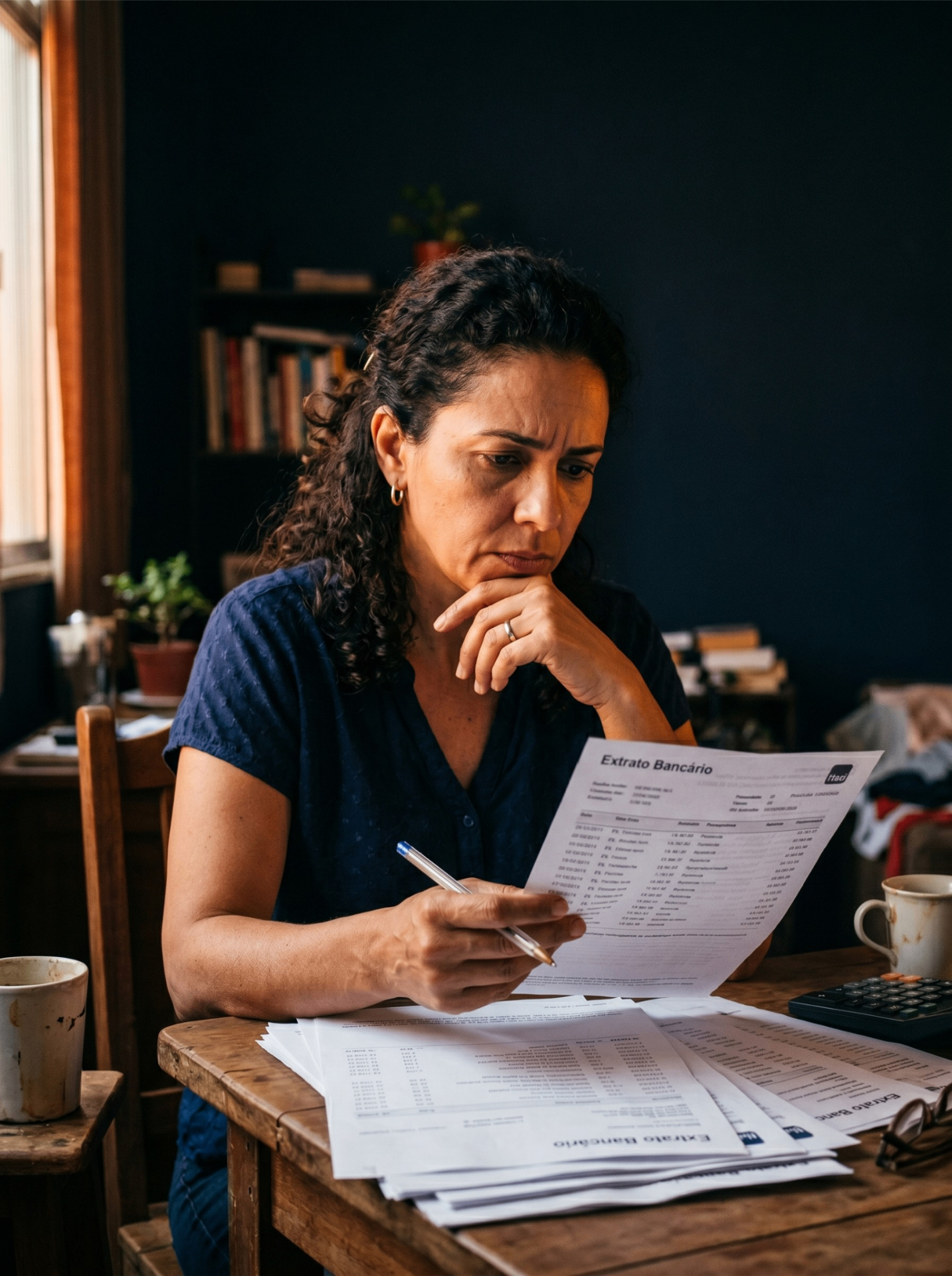 Mulher analisando extrato bancário com preocupação